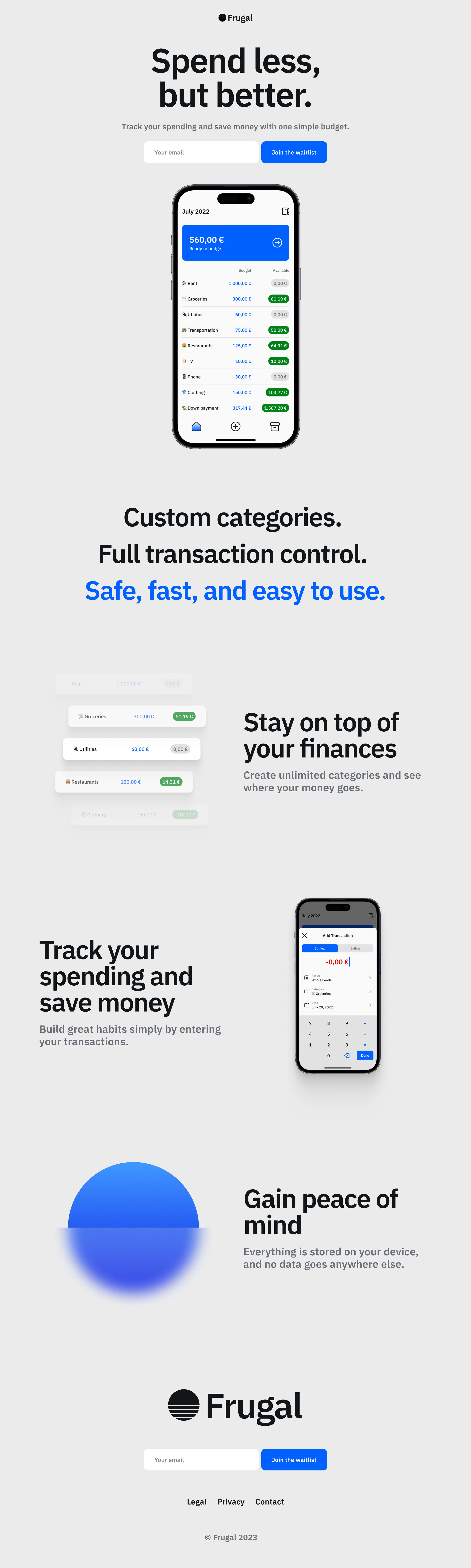 Landing page design for Frugal, a budget app