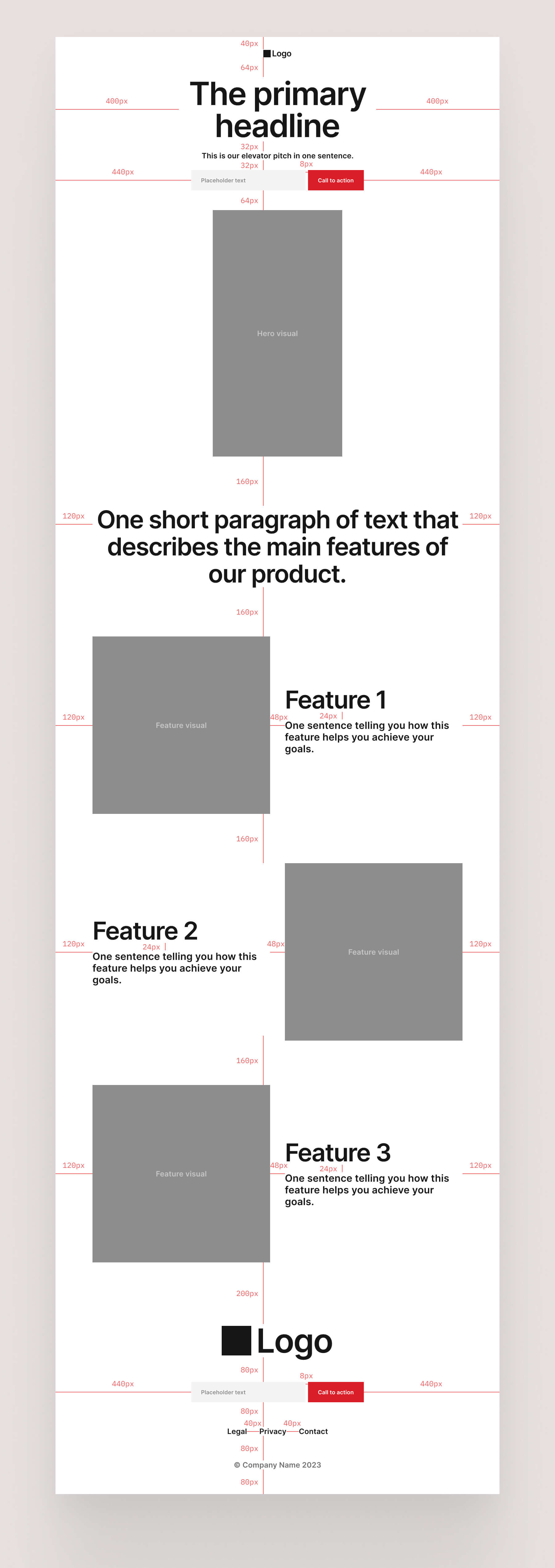 Wireframe of a minimal landing page with annotations for spacing