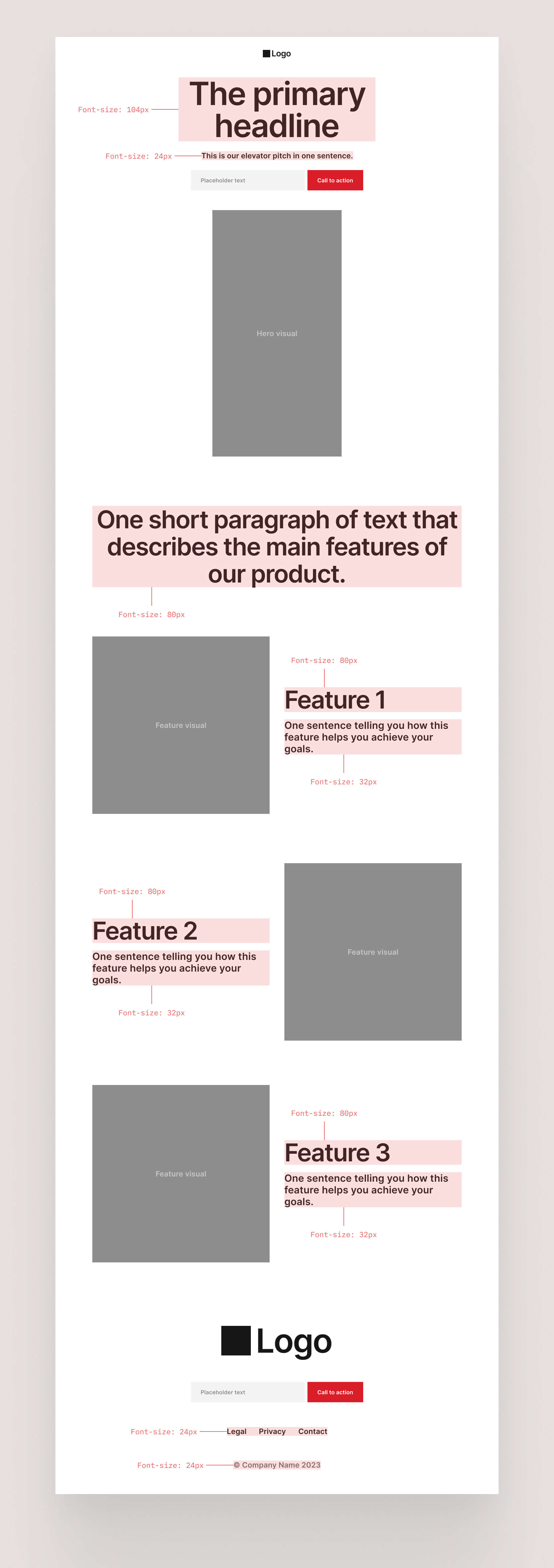 Wireframe of a minimal landing page with annotations for type sizes