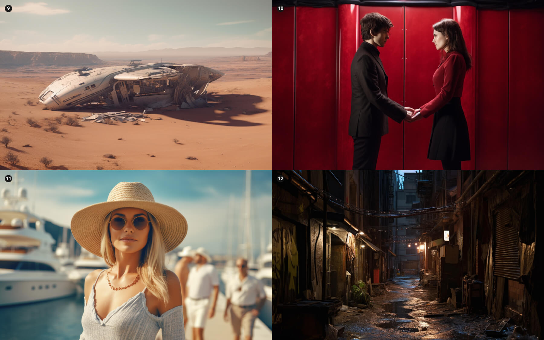 Four images generated with Midjourney, a crashed space ship, two people standing in front of each other, a woman with a straw hat and a dim lit alley