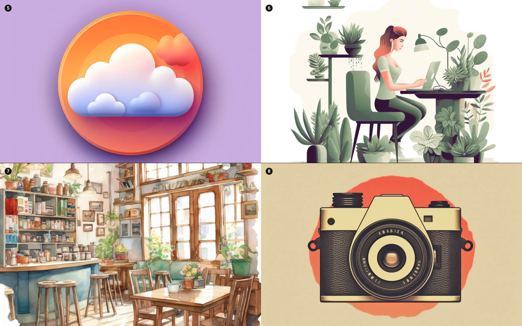 Four images generated with Midjourney, an app icon, an illustration, a water color painting and a logo