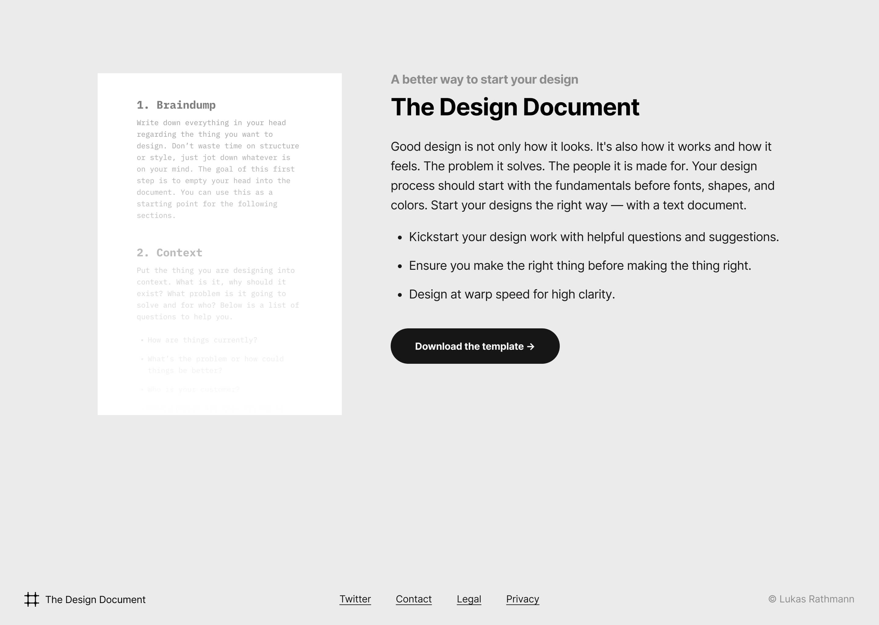 Simplified draft of a landing page for a design document template