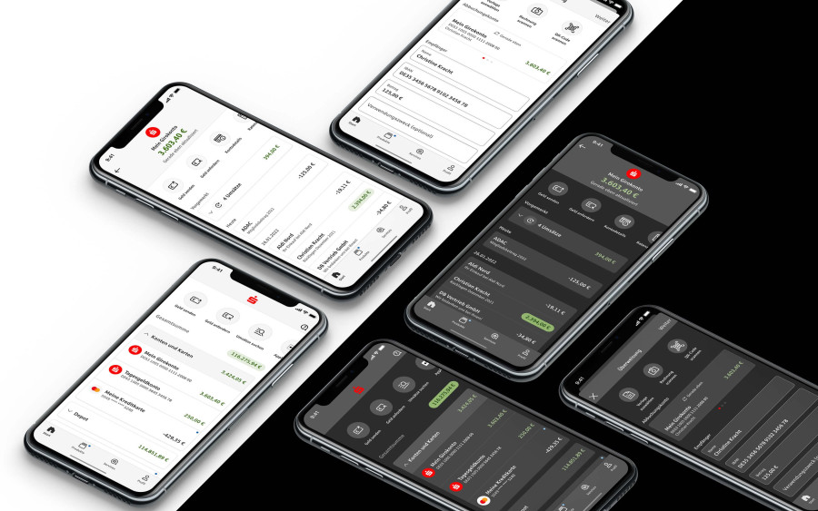 Collection of light and dark screens of the new app Sparkasse