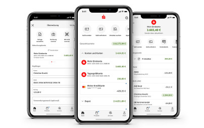 Three screens of the new app Sparkasse