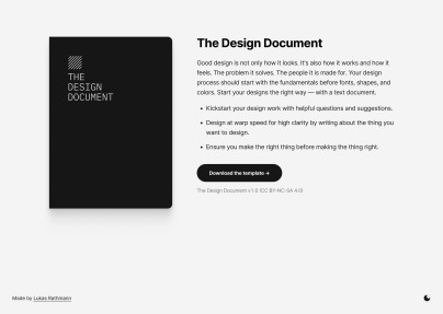 Screenshot of the landing page for the design document