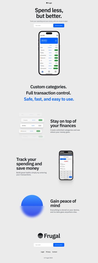 Landing page design for the budget app Frugal