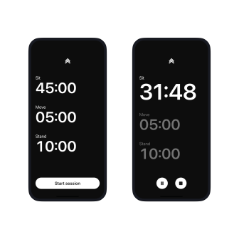 Uplift app screens showing the three timer intervals and the timer in use