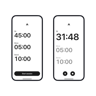 Uplift app screens showing the three timer intervals and the timer in use in light mode