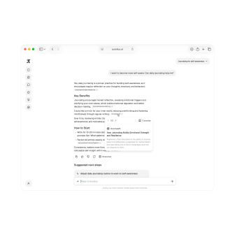 Conversation with Aurelius, an AI journaling companion, showing how users can see sources and reasoning